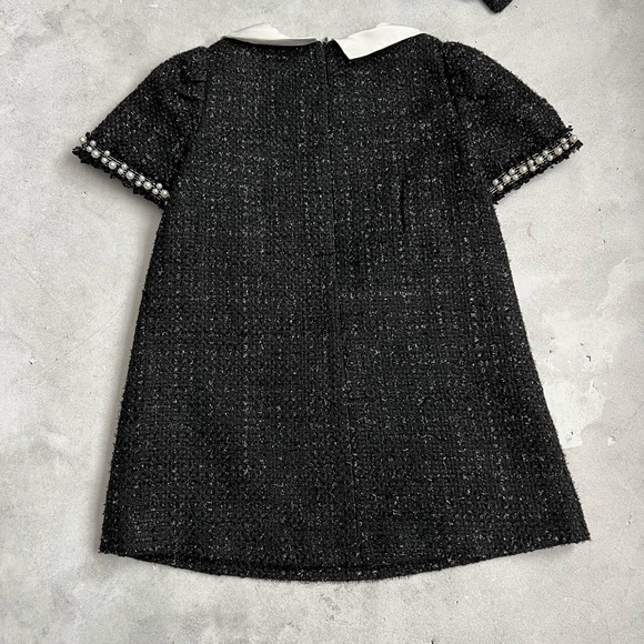 Luxelim sz 4 Lucy Dress & matching bow black Tweed white pearl trim - Picture 8 of 10